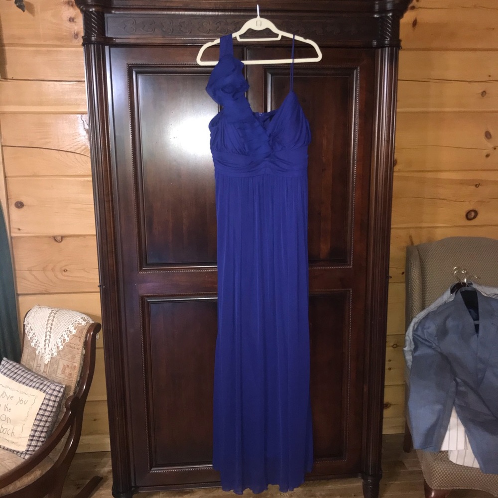 1-shoulder royal blue chiffon plus size prom gown
